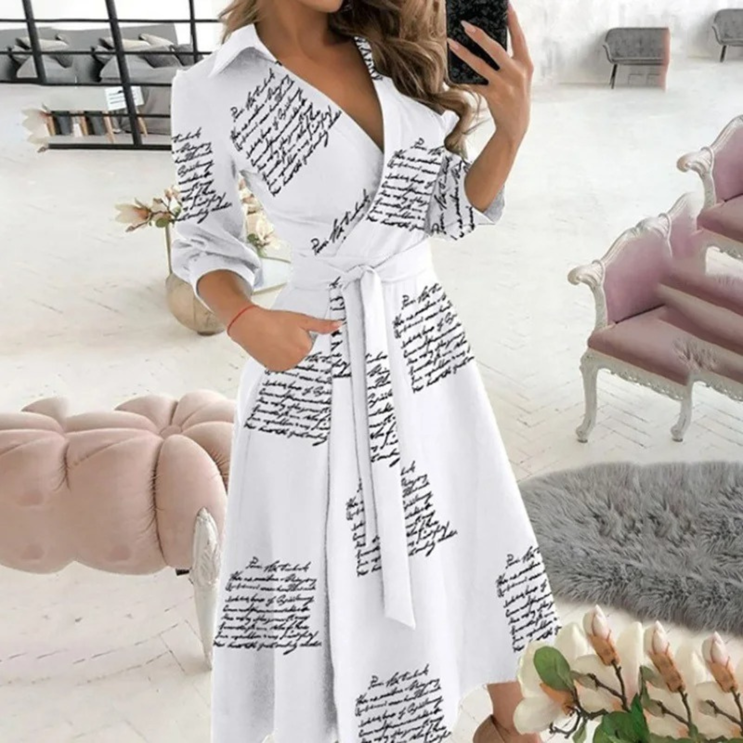 Lotte | Weiß gefüttert Revers Gürtel Bluse Kleid