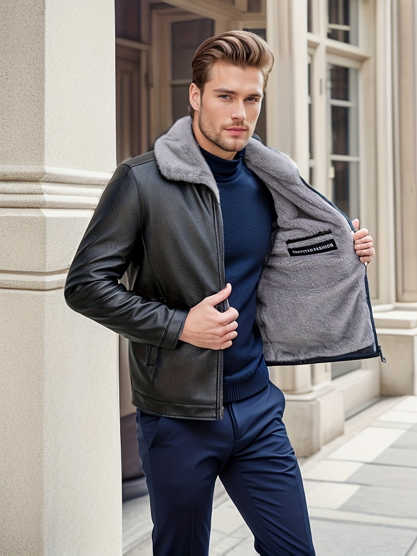 Niels | Warmes Fleece PU-Jacke In Unifarbe