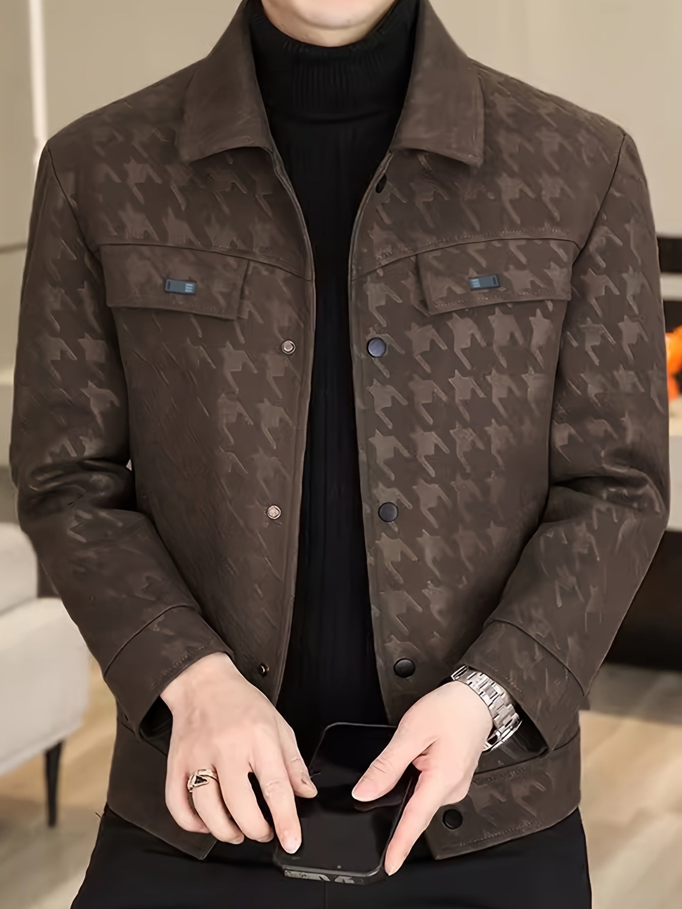 Herrenjacke Mit Hahnentritt-Muster Und Fleece-Futter