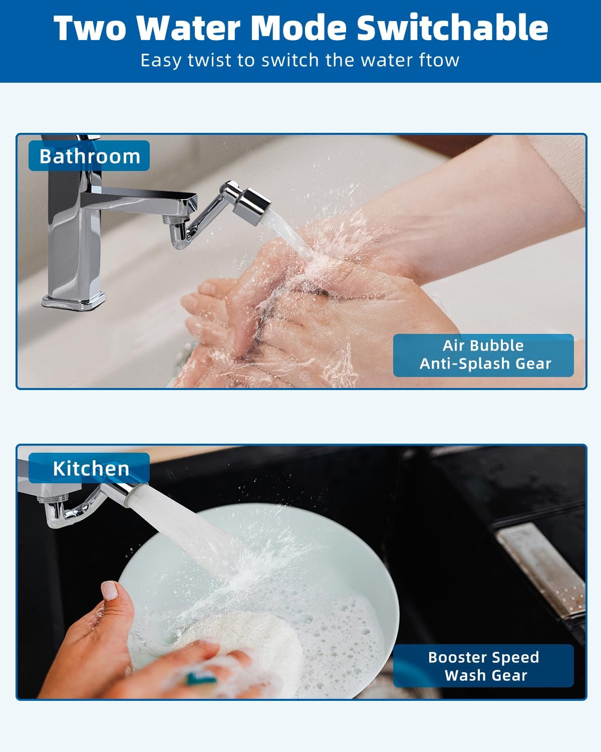 AquaTwist – 1080° Drehbarer Wasserhahnaufsatz | Flexible Aufrüstung mit zwei Strahlarten