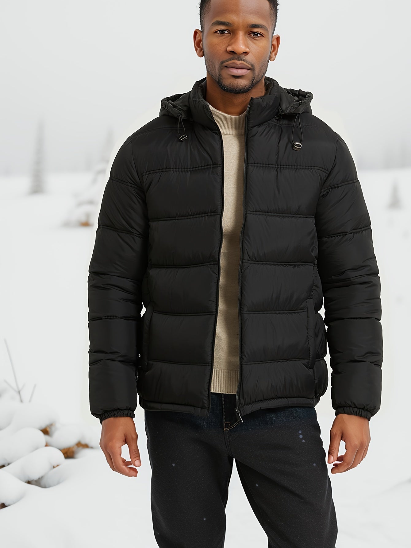 Tom | Eleganter Einfarbiger Puffer-Mantel mit Kapuze und Taschen