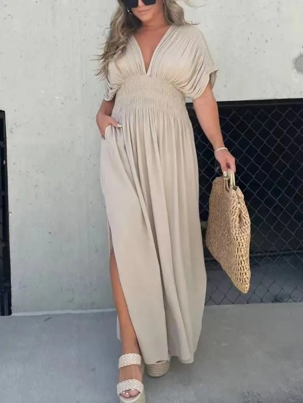 FledermausKleid™ – Stilvolles Maxikleid mit V-Ausschnitt und Schlitz für Sommernächte