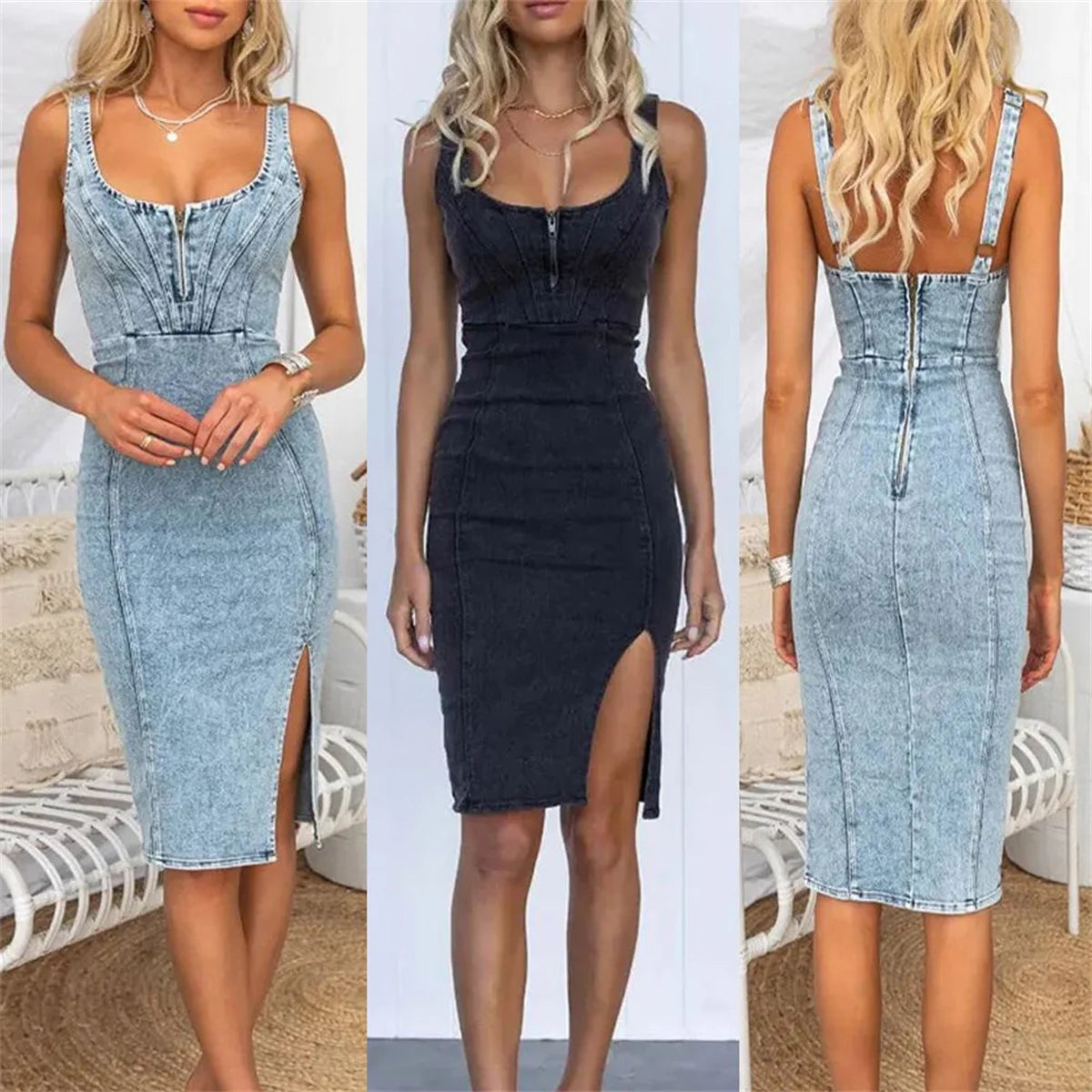 DenimGlam™ - Elegantes Damen-Halterneck-Jeanskleid für den Sommer 2024.