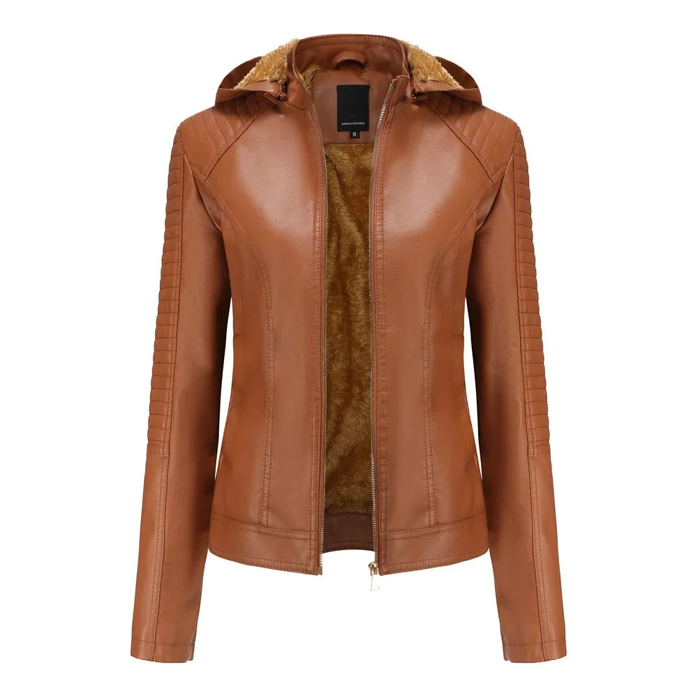 LederGlamour™ - Modische Damen-Lederjacke mit Fleecefutter und Kapuze für Herbst/Winter.