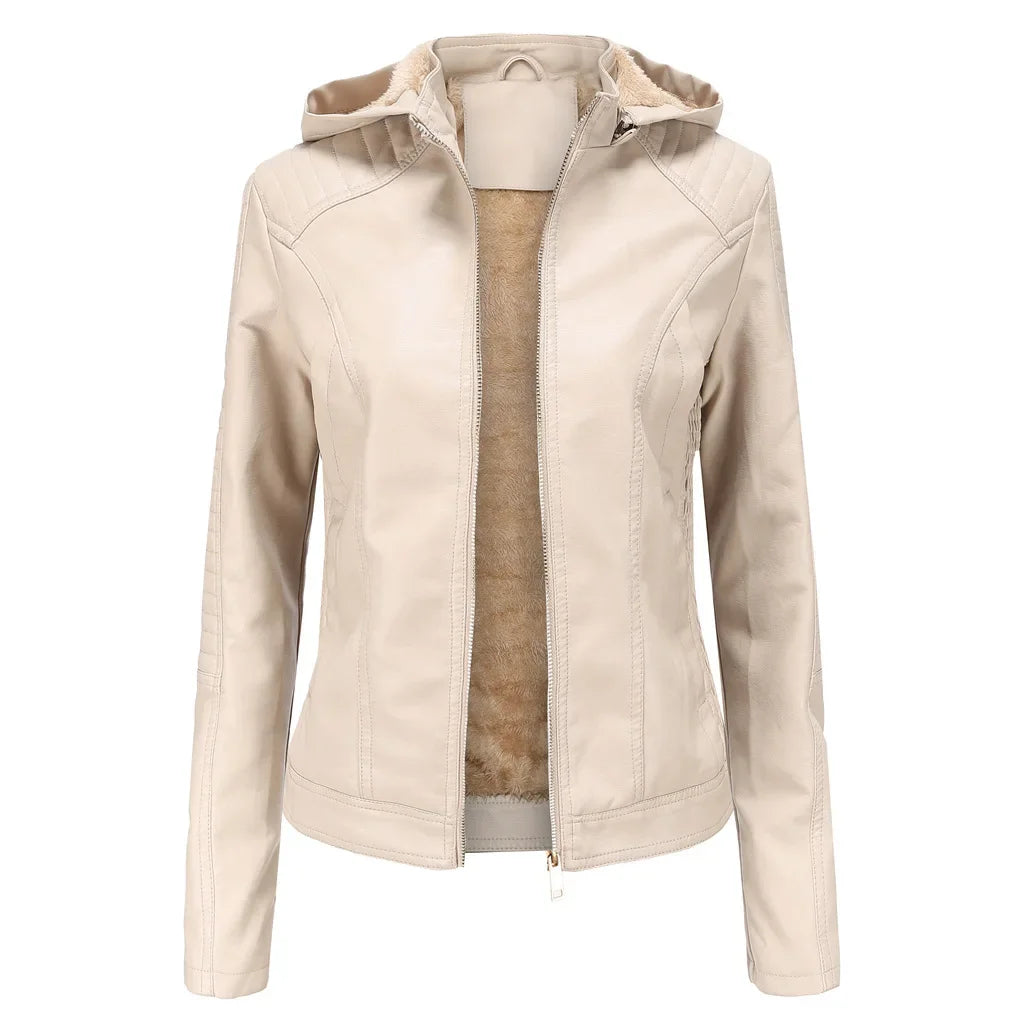 LederGlamour™ - Modische Damen-Lederjacke mit Fleecefutter und Kapuze für Herbst/Winter.