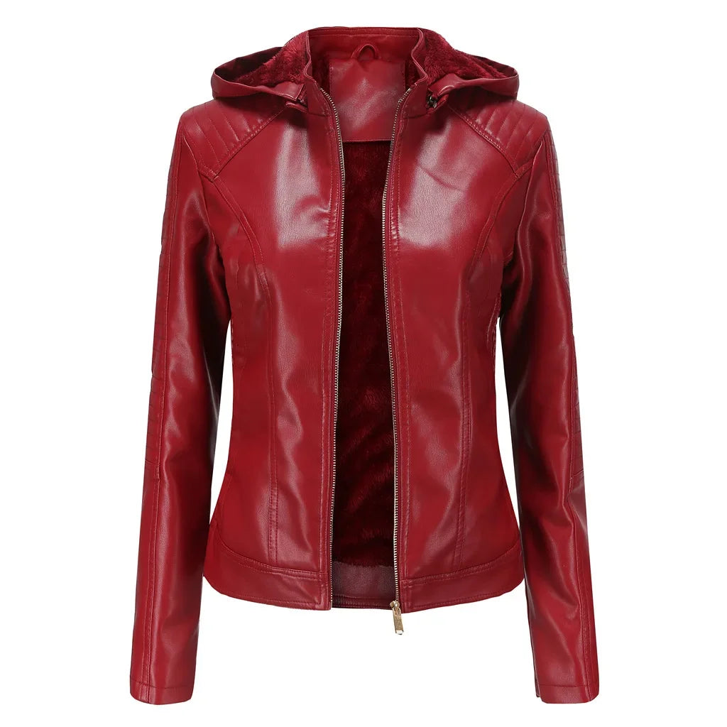 LederGlamour™ - Modische Damen-Lederjacke mit Fleecefutter und Kapuze für Herbst/Winter.