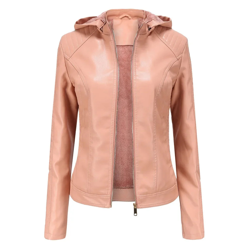LederGlamour™ - Modische Damen-Lederjacke mit Fleecefutter und Kapuze für Herbst/Winter.