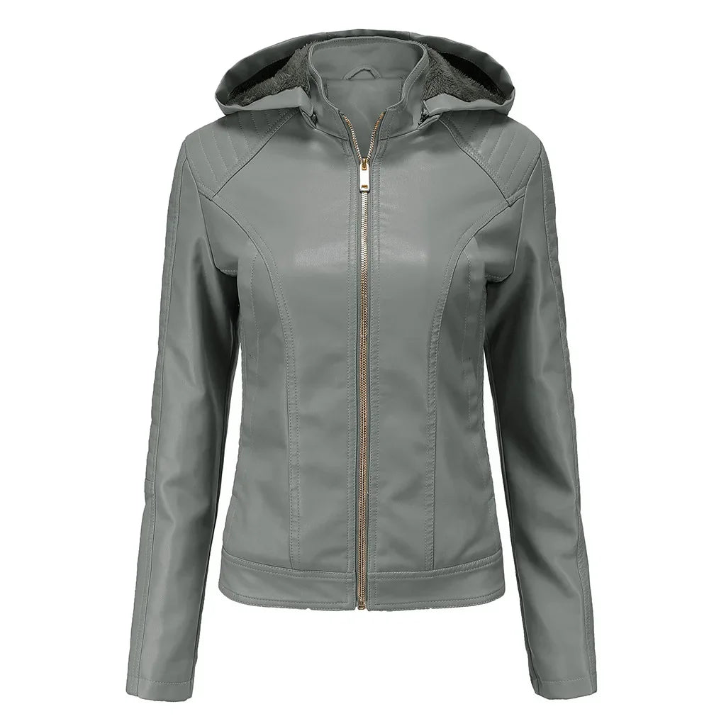 LederGlamour™ - Modische Damen-Lederjacke mit Fleecefutter und Kapuze für Herbst/Winter.