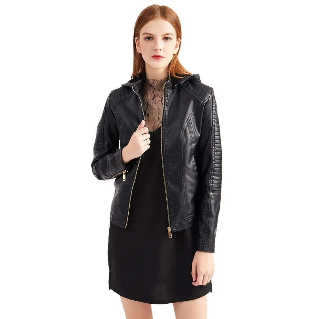 LederGlamour™ - Modische Damen-Lederjacke mit Fleecefutter und Kapuze für Herbst/Winter.