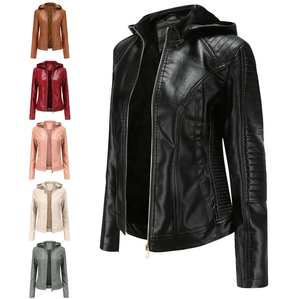 LederGlamour™ - Modische Damen-Lederjacke mit Fleecefutter und Kapuze für Herbst/Winter.