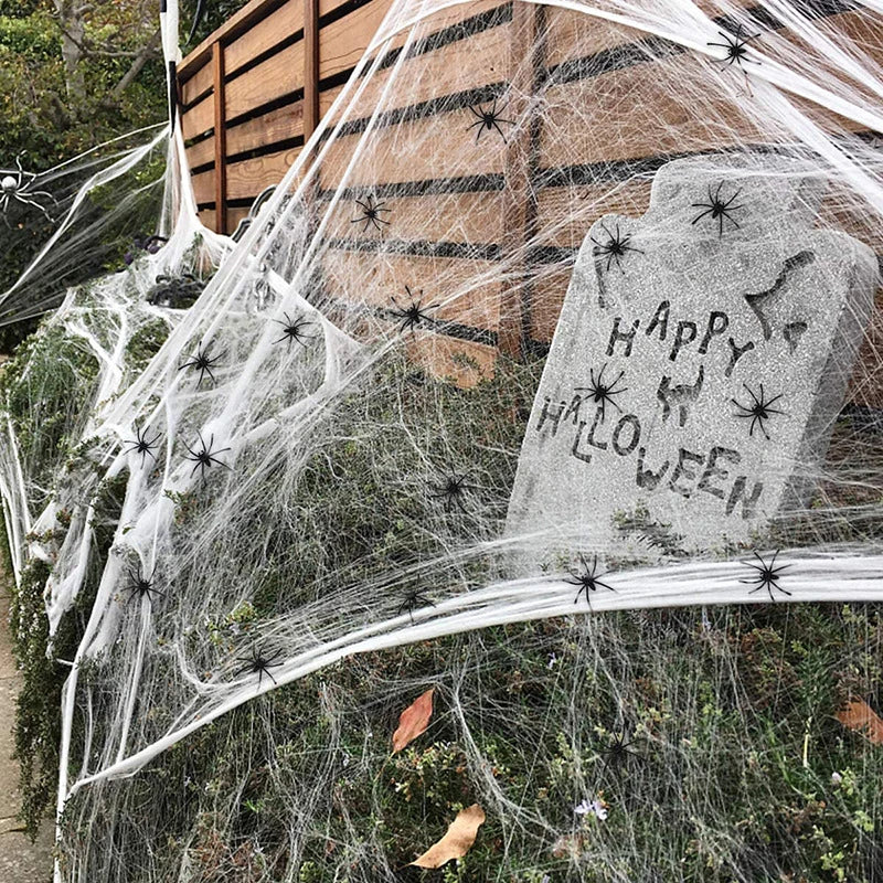 SpiderWebDecor™ - Dehnbare Halloween-Spinnweben mit Kunstspinnen für gruselige Dekorationen.
