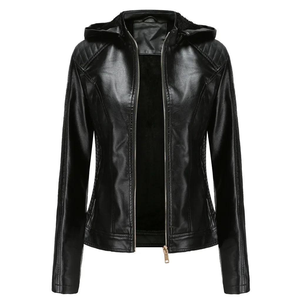LederGlamour™ - Modische Damen-Lederjacke mit Fleecefutter und Kapuze für Herbst/Winter.