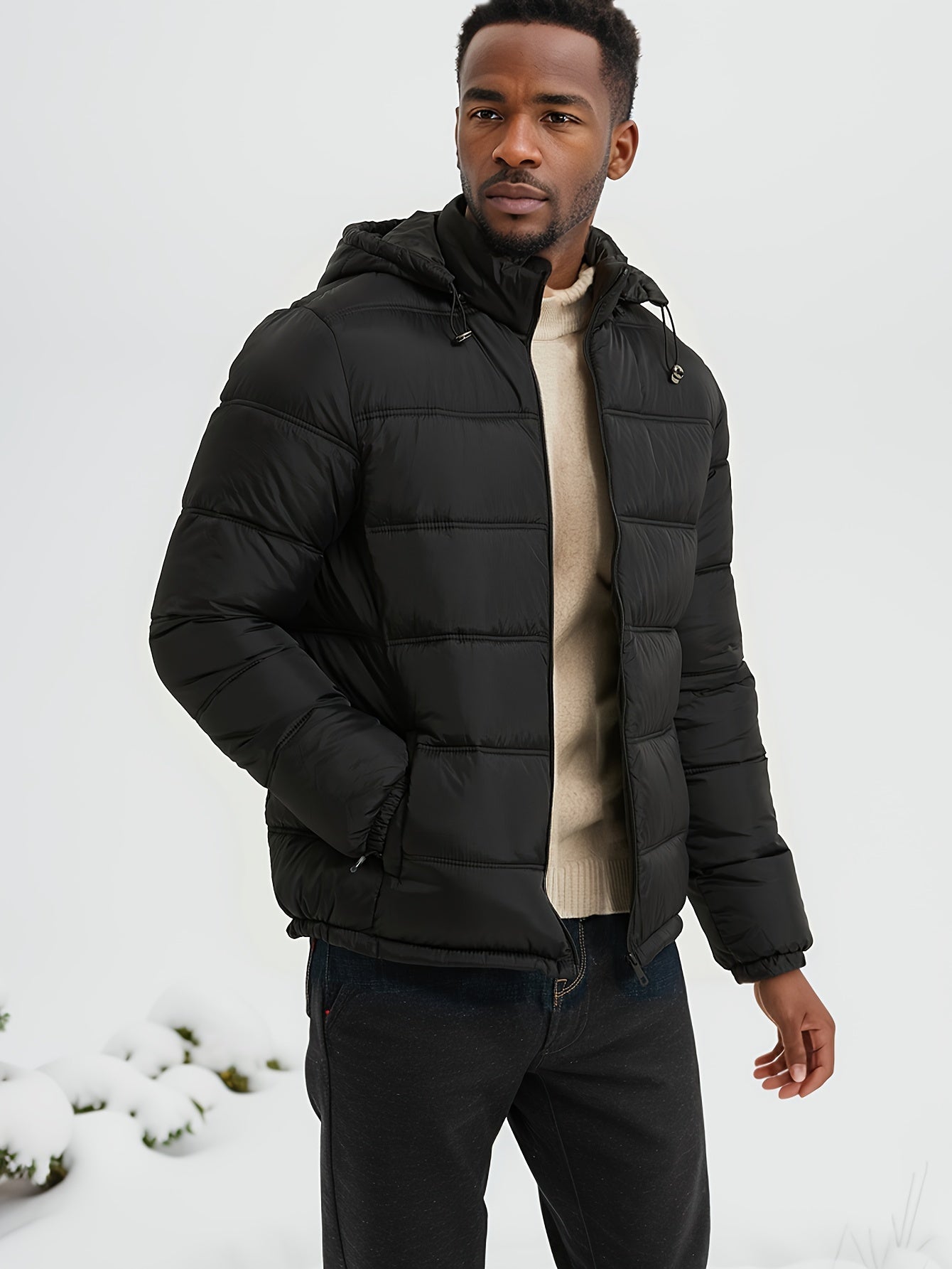 Tom | Eleganter Einfarbiger Puffer-Mantel mit Kapuze und Taschen