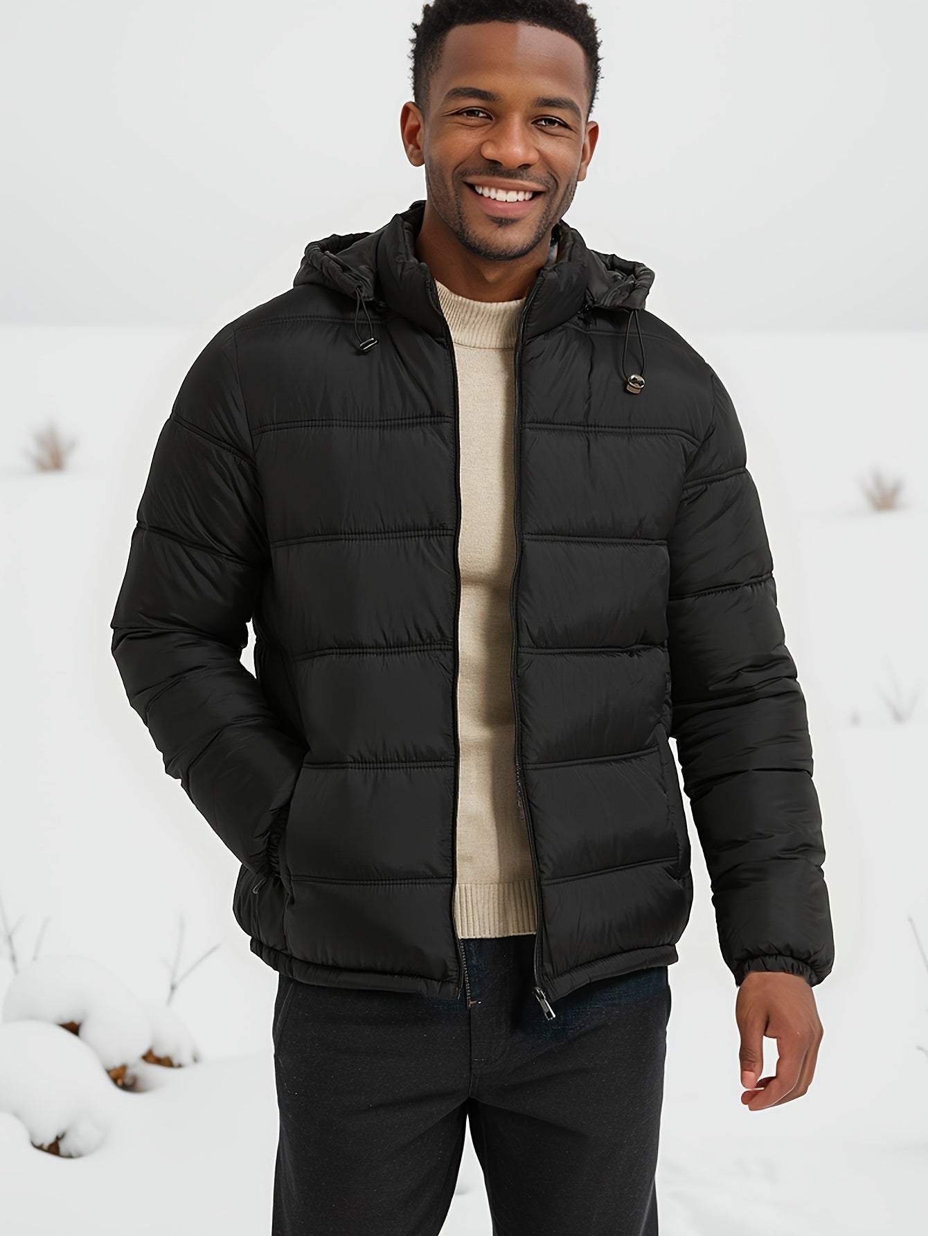 Tom | Eleganter Einfarbiger Puffer-Mantel mit Kapuze und Taschen